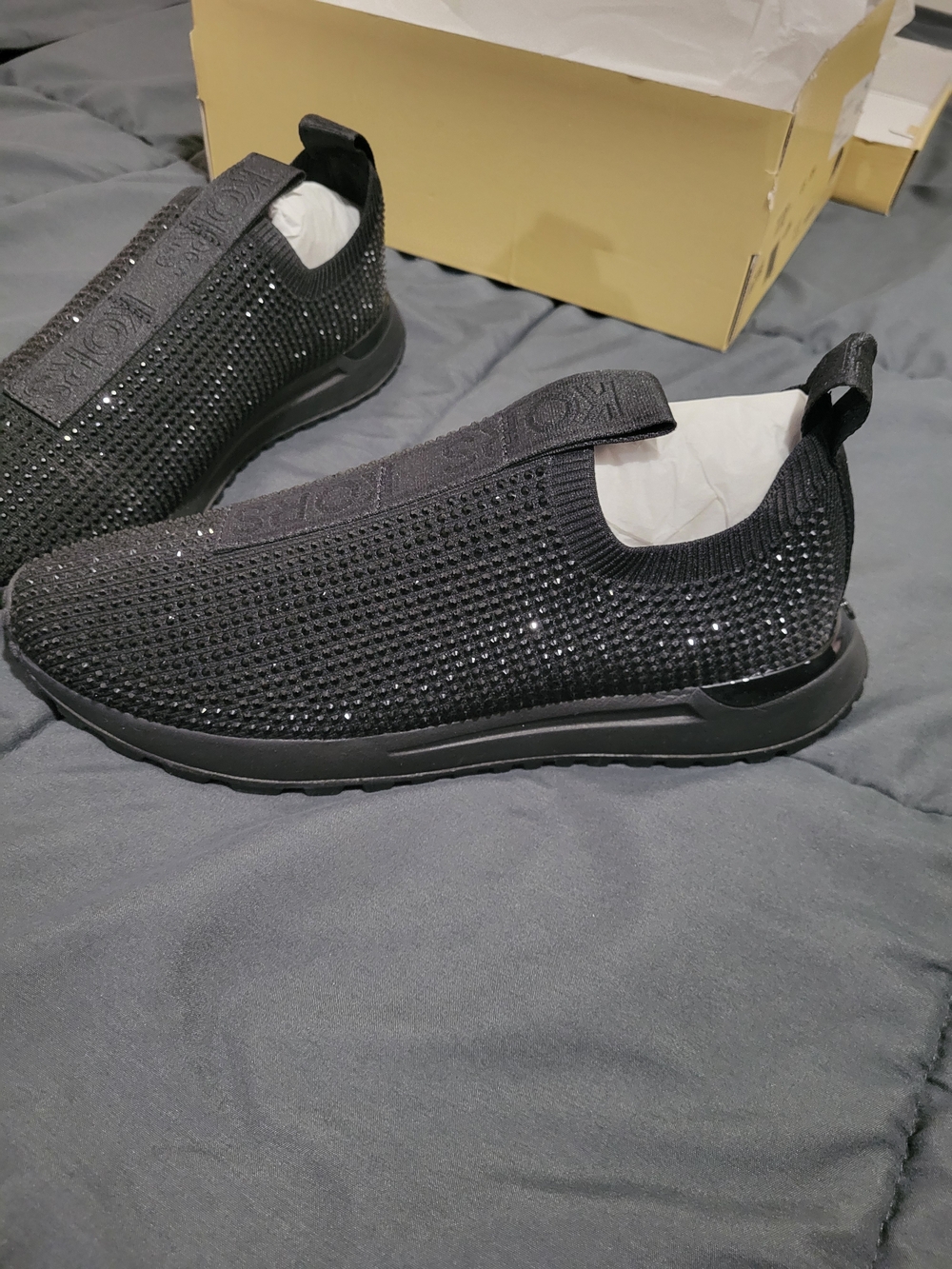 Authentic Michael Kors Women's Black Slip-On Knit Sneakers with Crystal Accents